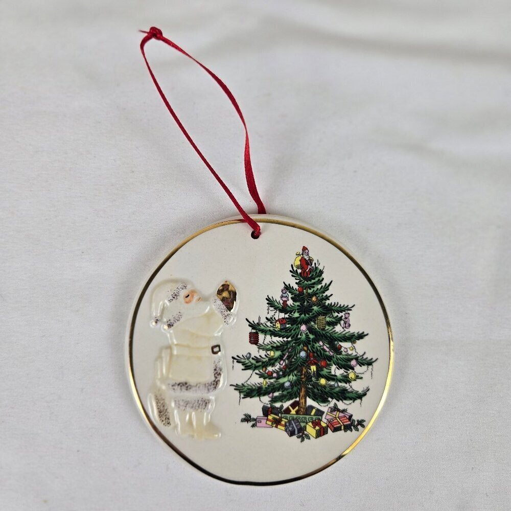 Spode Christmas Tree Round Porcelain Ornament Iconic Tree with Santa Gold Accent